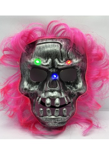 Pembe Saçlı Led Işıklı Kuru Kafa İskelet Korku Maskesi 22x25 Cm