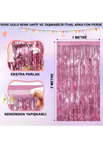 Rose Gold Renk Ekstra Metalize Parlak Saçaklı Arka Fon Perde İthal A Kalite 1x2 Metre