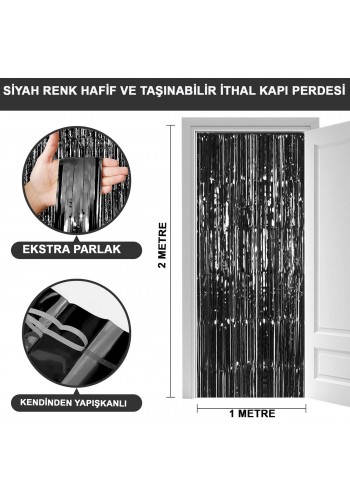 Siyah Renk Ekstra Metalize Parlak Saçaklı Arka Fon Perde İthal A Kalite 1x2 Metre