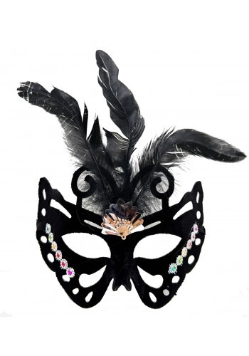 Siyah Renk Siyah Süet Kaplama Tüylü Kelebek Figür Parti Maskesi 24x18 Cm