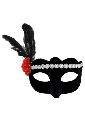 Siyah Renk Süet Kaplama Gümüş Dantelli Kırmızı Gül Tasarımlı Parti Maskesi 18x20 Cm