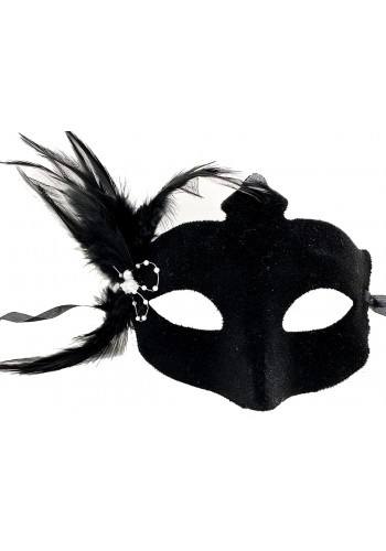Siyah Renk Yandan Tüylü Süet Kaplama Beyaz İncili Parti Maskesi 18x15 Cm