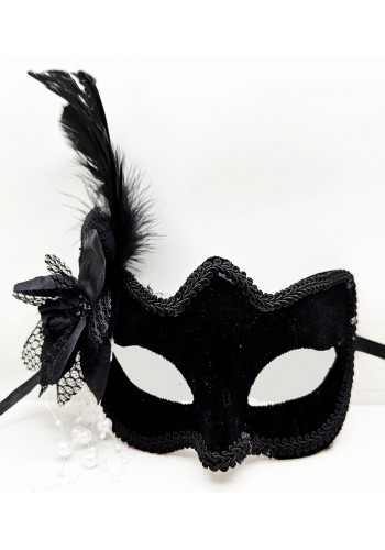 Siyah Renk Yandan Tüylü Beyaz İncili Süet Kaplama A Kalite Lüks Parti Maskesi 20x23 Cm