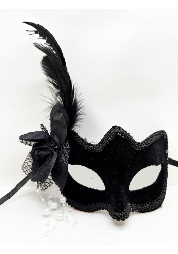 Siyah Renk Yandan Tüylü Beyaz İncili Süet Kaplama A Kalite Lüks Parti Maskesi 20x23 Cm