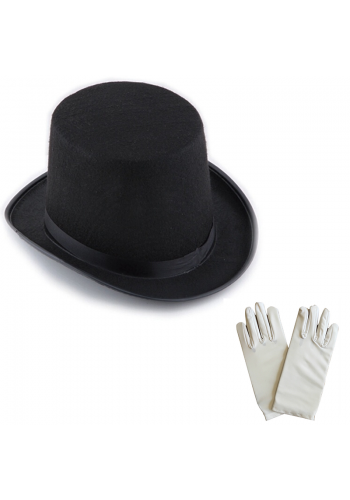 Siyah Sihirbaz Fötr şapka 15 Cm - 1 çift Beyaz Sihirbaz Eldiveni - Yetişkin Boy