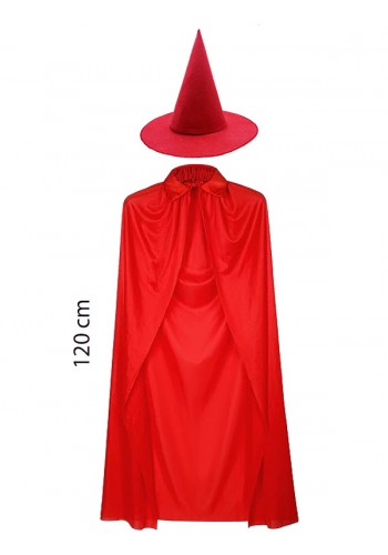 Yetişkin Boy 120 Cm Kırmızı Yakalı Pelerin Ve Kırmızı Cadı şapkası